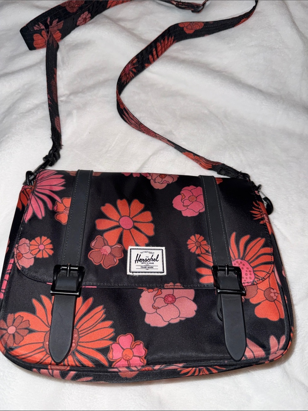 Herschel Supply Company Black Crossbody Bag with Red and Pink Floral Print
